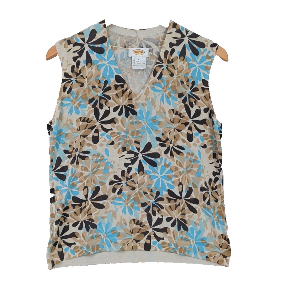 Talbots V-Neck Sleeveless Knit Top Womens M Tan Blue Floral Silk‎ Blend Feminine